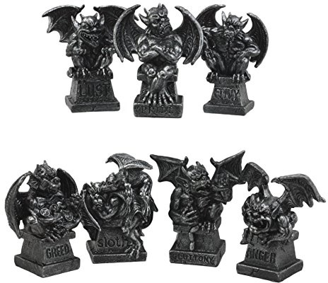 Ebros Gift Allegorical Seven Deadly Sins Gargoyle Figurine Set of 7 Cardinal Sins Pride Sloth Gluttony Envy Greed Anger and Lust Gargoyles Sculptural Decor