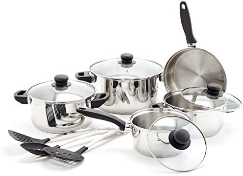 Old Dutch 1515 12 Pc Cookware Set, Pot 18/0, Kitchen Tool Handle 14/1, Backlite, Glass, Nylon, Stainless Steel, Black