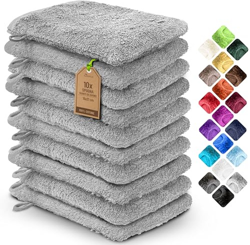 NatureMark Confezione da 10 Guanti da Bagno in Spugna 100% Cotone – Morbidi e Resistenti, Ideali per la Cura Quotidiana e gli Ospiti - Grigio Argento - 15x21 cm
