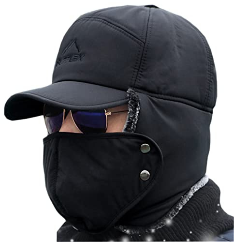 BXT 3-in-1 Herren-Trapper-Mütze mit Thermofell gefüttert, mit Ohrenklappe, Ganzkörper-Halswärmer, winddicht, warm, isoliert, Winter-Baseballkappe, Radfahren, Schnee, Skimütze