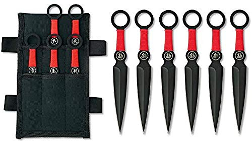 6er Expendables Wurfmesser Profi Kunai ca. 15,7cm - Throwing Knife - schnelles Werfen Messer Edelstahl - Trainingsmesser - Gürtelmesser - Messer Set inklusive Holster aus Nylon schwarz, rot