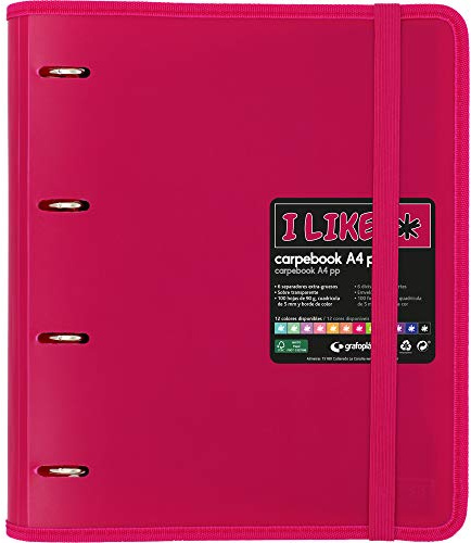 Grafoplas 88100554. Carpeta 4 Anillas Troqueladas, A4, Rosa Fucsia, Recambio Hojas, 6 Separadores y Sobre Transparente, Carpebook Like