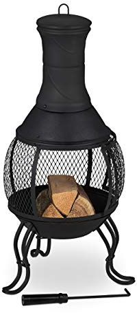 Relaxdays Chimenea Exterior, Acero y Hierro Fundido, 88 x 38 cm, Brasero Jardín, Rejilla, Salvachispas y Atizador, Negro