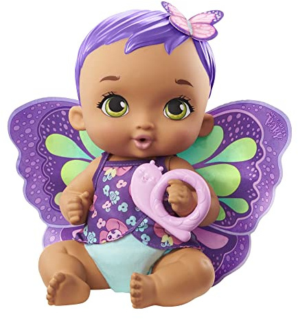 My Garden Baby poupon bébé papillon boit et fait pipi 30 cm violet avec couche, vêtements et ailes amovibles, poupée pour enfant dès 3 ans, GYP11