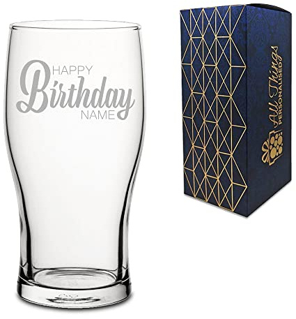 Personalised Engraved Pint Glass with Happy Birthday Name Design, Gift Boxed, Personalise with Any Name