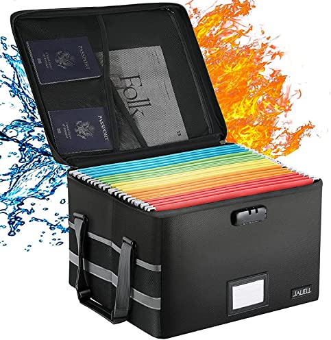JALIELL Upgraded File Box with Lock, Fireproof Document File Organizer Box with Water-Resistant Zipper & Adjustable Handle, Collapsible Filing File Cabinet for Hanging Letter/Legal Folder (Black)