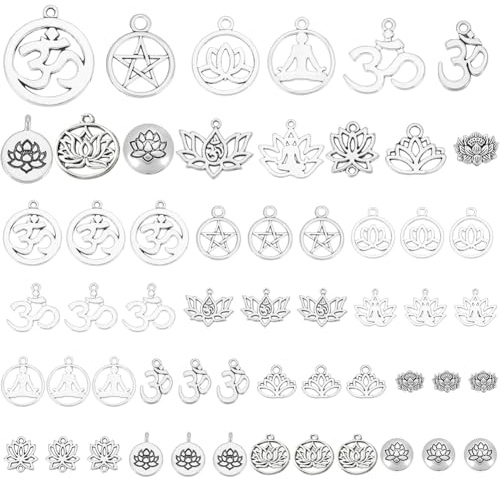PandaHall 14 Styles Lotus Flower Charms, 56 stücke Yoga Charms Indische Chakra Charm Tibetanische Legierung Hohl Anhänger Für Schmuck Armband Halskette DIY Handwerk