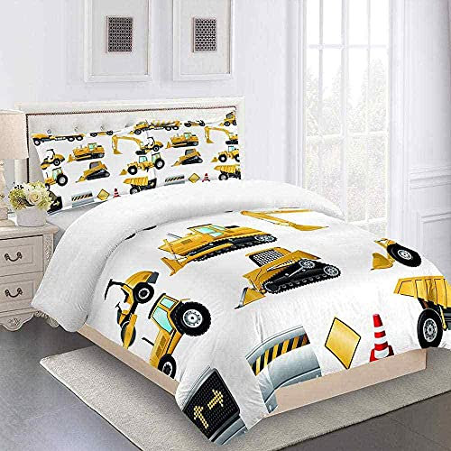 MUCXBE Kinder Bettwäsche Set Für Jungen Teenager Mädchen Bettwaren 3D Gedruckt Gelber Bagger Soft Mikrofaser Bettbezug 135x200cm Mit Reißverschluss + 2 Kissenbezug 80x80cm