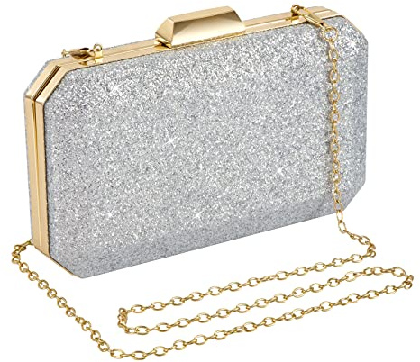 Jeesblsy Sac de Soirée Pochette Brillant Argenté Sac à Main en Bandoulière Chaîne Démontable Luxe Femme pour Dames Cocktail de Mariage Bal de Fête Formelle