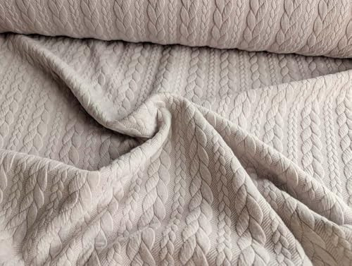 Dehnbarer Strickstoff mit Zopfmuster, Beige als Meterware zum Nähen, 50 cm
