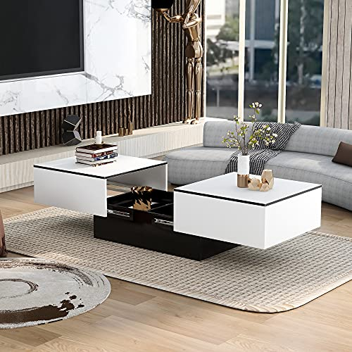 LERFAN Universeller Sofatisch für Wohnzimmer und Büro, Kaffeetisch Couchtisch Beistelltisch mit Push-to-Open-Mechanismus, Hochglanz mit Ausziehbarem Tisch und Stauraum 102 x 60 x 40 cm (Weiß+Schwarz)