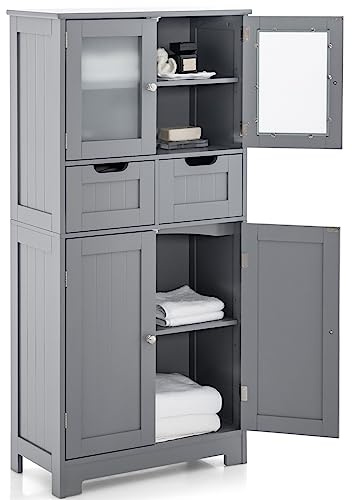 Multigot Bathroom Floor Cabinet (Grey) | Multifunctional Storage Cupboard with 2 Glass Doors, 2 Drawers & Adjustable Shelves, Freestanding Wooden Organizer Unit