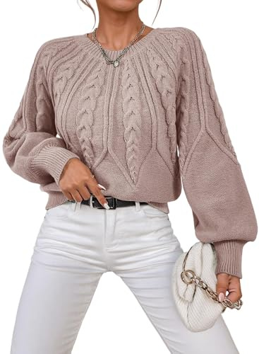 Dokotoo Womens Jumper 2025 Fall Winter Soft Cable Knit Crewneck Lantern Long Sleeve Sweaters Chunky Slouchy Fashion Pullover Khaki Sweater Holiday Outifits Tops XX-Large