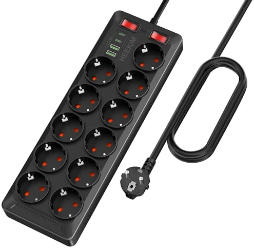 Steckdosenleiste mit USB, 11 Fach Mehrfachsteckdose mit Schalter 2 USB-A und 2 USB-C Ports, 4000W 16A, Steckdosenleiste mit 2 Schaltern für Haus, Schule, Büro, 2M Verlängerungskabel - Schwarz