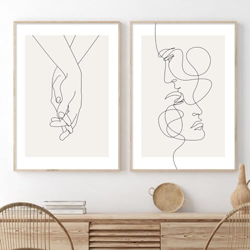 Abstract Couple Line Art Line Face Wall Art Minimalist Line Art Prints Black Line Pictures Holding Hands Canvas Wall Art Black and White Minimalist Poster for Living Room Bedroom 16x24inx2 Frameless