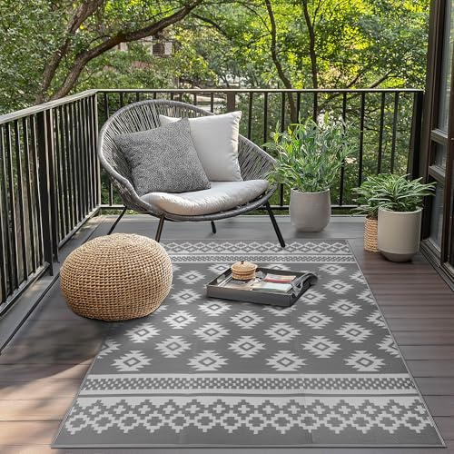Green Decore Reversible Recycled Plastic Camping and Picnic Rugs | Perfect for Garden, Patio, Picnic, Decking | Stain And Water Resistant | Riffle Sharkskin Grey/White 120 x 180 cm