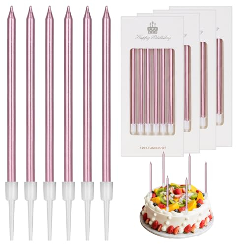 Velas de cumpleaños, 24 unidades velas largas finas con soportes, para niños y adultos, cumpleaños, boda, decoración de tarta de cumpleaños, baby shower, fiesta de las niñas (oro rosa)