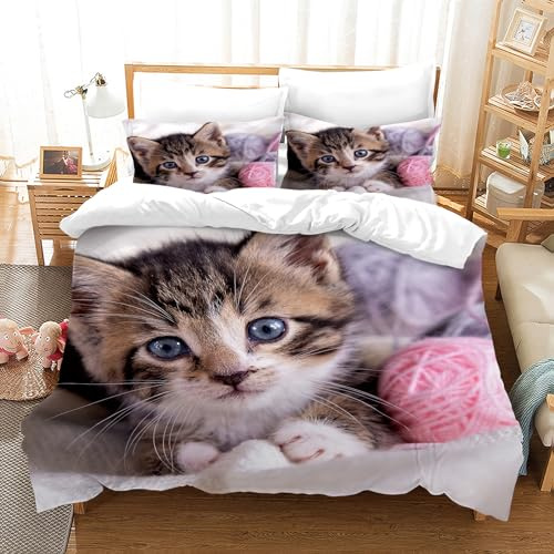 PORJDN Set di biancheria da letto per bambini, con copripiumino e federa da 65 x 65 cm, motivo gattino, set copripiumino 3D per animali domestici (gattino 1, 140 x 200 cm)