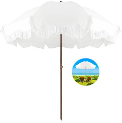 ELZEM 180cm Parasol De Plage Inclinable Parasol De Jardin Anti Uv Blanc Parasol Balcon Portable Avec Frange Parasol De Marché Hauteur Réglable Pour Balcon Jardin Terrasse Plage/Sac De Transport