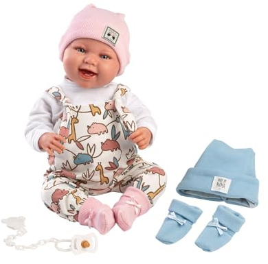 Llorens Tina-Tino 1018481 babydocka med blå ögon och mjuk kropp, New Born-docka inklusive utbytbara kläder rosa-blå, napp och nappkedja, 44 cm