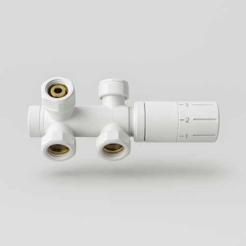Multiblock Set Mittelanschluss Ventilhahnblock inkl. Thermostat Weiß, Chrom passend für alle standard Badheizkörper 50mm Nabenabstand Handtuchheizkörper Heizung (Weiß, G 1/2)