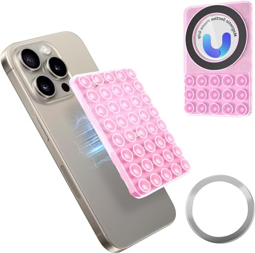 Magnetic Suction Cup Phone Mount,Silicone Suction Phones Case Grip for iPhone and Android Cases,Hands-Free Mirror Shower Phone Holder MagSafe Suction Mount for Selfies Tiktok Videos (Pink)