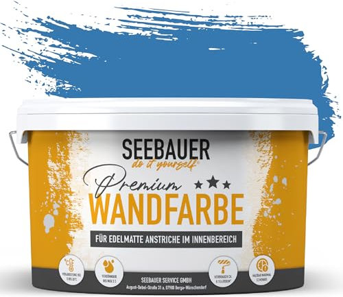 SEEBAUER diy Wandfarbe Blau 2,5L für Innen (No. 806 Cloudless Sky) Edelmatte dunkelblaue Innenfarbe - Blautöne sehr hohe Deckkraft - Matt, Abwaschbar und Tropffrei