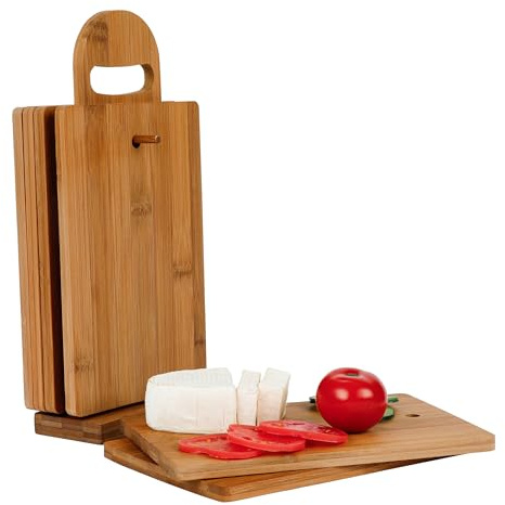 Axentia Frühstücksbrettchen Set aus Bambus – 6 Frühstücksbrettchen mit Ständer – Schneidebrettchen Holz – Frühstücksbrett Holz Set – Bambus Brettchen Küchenbrett Mehrweg