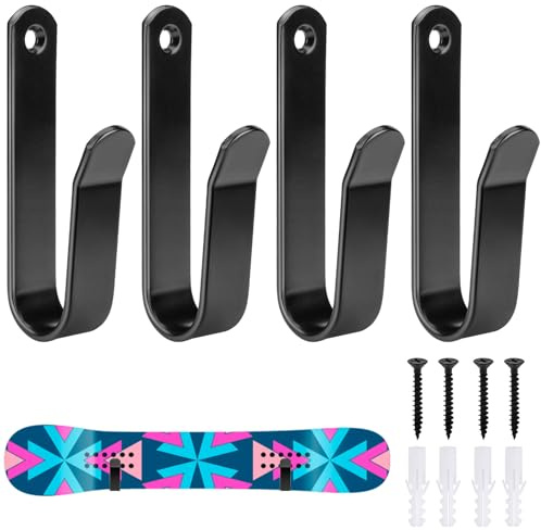 SOKOSEY 4 Pack Snowboard Wall Mount Clips - Horizontal Skateboard Wall Mount with Screws - Indoor Snowboard Storage for Room and Garage - Black