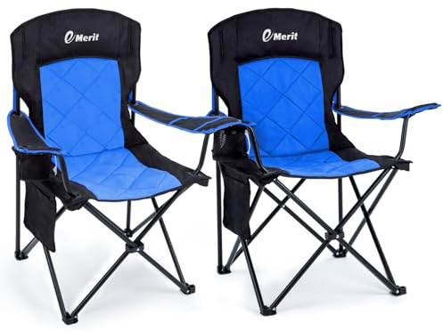 EMERIT 2 Pack Oversized Padded Camping Chair, 350LB Heavy Duty Quad Fold Chair with Arms, Collapsible Outdoor Chairs with Lumbar Back & Cup Holder