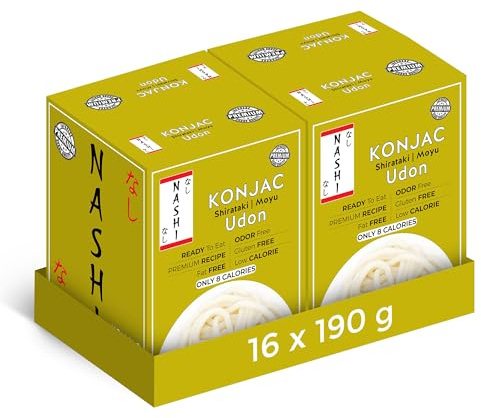 Nashi Shirataki Konjac Udon Noodles 190g (Pack of 16) | Odour-Free Low Calorie Konjac Noodles | Vegan, Keto & Gluten Free Udon, High Fibre, Low Carb Noodle Alternative, Ready to Eat Konjac Pasta