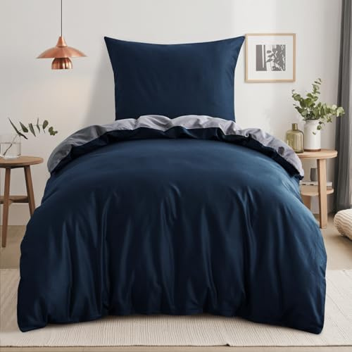RUIKASI Bettwäsche 140x200 Baumwolle Blau - Bettwäsche-Sets 140x200cm 2teilig Wendebettwäsche 2tlg mit Reißverschluss, zweifarbige Bettbezug Set Dunkelblau und Grau Cotton
