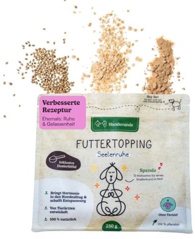 Hunderunde – Futtertopping Ruhe & Gelassenheit 250g – pflanzlich & natürlich unterstützen bei Stress Lärm Reisen Trubel I Baldrian Passionsblume Melisse Hopfen Hanf Bierhefe