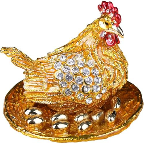 Glixoft Hen Hatching Eggs Figurine Chicken Coop Ring Holder Gold Trinket Box Jewelry Storage Supplies for Mother`s Day Home Decoration