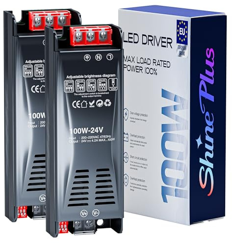 Shine Plus Alimentatore LED 24V 100W - Confezione da 2 Pezzi Trasformatore 220V a 24V DC | Alimentatore 100W per Striscia LED, Faretti e Downlight | Driver Slim Dimmerabile