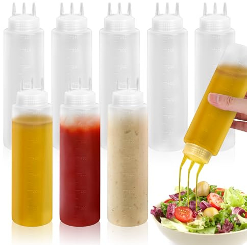 YKUKIZEE 8PCS 3Hole Squeeze Sauce Bottle 680ML Plastic Condiment Dispenser | Reusable, Ketchup Squeeze Boottle with Scale, Plastic Mustard Bottles, for Cream Dressing, Oil, Salad Dressing, Tomato Sauce