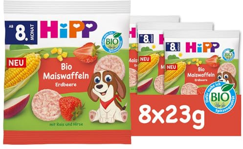 HiPP Bio Maiswaffeln Erdbeere (8 x 23 g), Babysnack ab 8. Monat, glutenfrei, Süße nur aus Obst und Gemüse, ideal für unterwegs & zwischendurch
