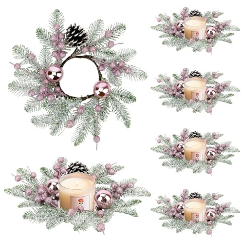 Christmas Candle Rings Wreaths,8in Small Wreaths for Kitchen Cabinet with Balls,Pine Cones,Pine Needles and Berries for Home Christmas Table Centerpiece Decorations (6, Pink)