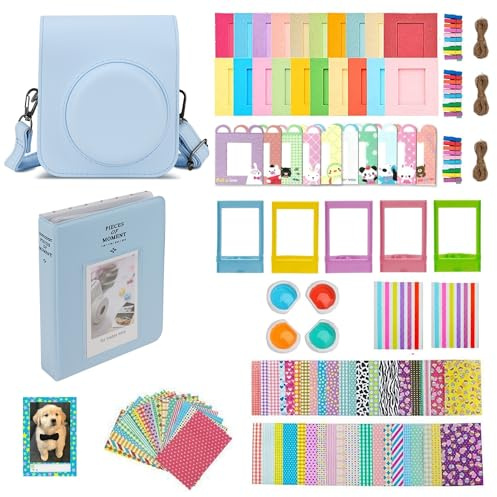Mumlicha Étui pour appareil photo instantané Instax Mini 12 avec 64 poches, album photo et filtre de couleur, cadre photo, cadre photo, autocollant de cadre, autocollant d'angle, bleu