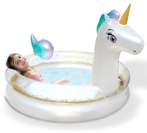 ONBEST Kinderpool Plantschbecken Einhorn mit Glitzer – aufblasbar – 200x135x90 cm – Aufstellpool – Kinderbecken – Kinderplanschbecken – Kinder 3+ Jahre – Erlebnispool – Schwimmbad für Balkon & Garten