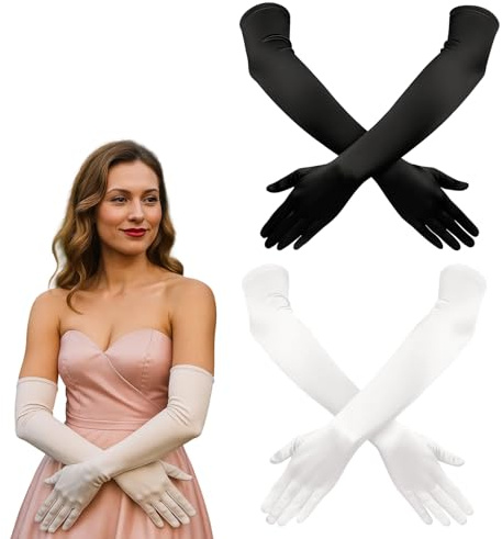 PWCTNT Halloween Kostüm, Lange Handschuhe, 2 Paar Lange Ballhandschuhe in Schwarz und Weiß, Elegante Abendhandschuhe für Damen, Geeignet für Dinnerpartys, Halloween