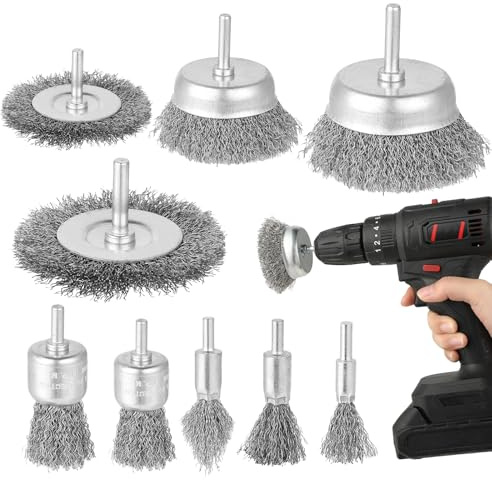 9 Pezzi Spazzole per Trapano - Spazzola Acciaio con Codolo da 1/4 di Pollice(6 mm), Include Ruota, Tazza e Spazzola Tubolare in Metallo, Ideali per Sbavare, Rimuovere Ruggine e Vernice, e per Lucidare