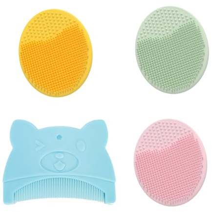 DOINEUFL 4 Pcs Baby Cradle Cap Brush, Baby Bath Brush & Comb, Silicone Face Scrubbers Exfoliator Brush for Facial Cleansing, Bathing, Newborn Essentials, Suitable for Adults and Baby