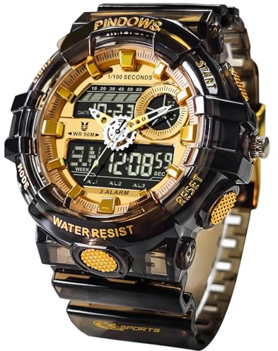 PINDOWS Relojes para hombre, luz LED, reloj deportivo grande digital analógico de doble hora, multifuncional, reloj de pulsera militar, 3 alarmas, cronómetro de cuenta regresiva, G603N1: oro negro