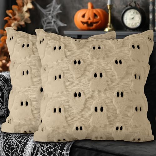 Lanpn 2 Stück Geist Kissenbezug Kissenhülle Halloween 40x40cm, Plüsch süßer Zweiäugiges Gespenst Dekorative Gespenstkissen für Halloween Bettwäsche Sofa Decorations 40 x 40 cm (Stil A, Beige)