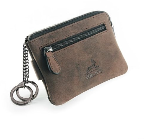 Fa.Volmer ® Estuche para llaves con 2 compartimentos | más 4 ranuras para tarjetas en el exterior con protección RFID | Cuero genuino | Incluye caja de regalo | Modelo: Keytcher, marrón, S