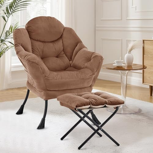 XH.Easy Go Lazy Chair mit Ottomane, Sessel Wohnzimmer Ohrensessel mit Hocker, Lesesessel Bequem Armchair Lounge Sessel mit Fußhocker, Relaxstuhl Relaxsessel mit Fußstütze, Seitentasche, Braun