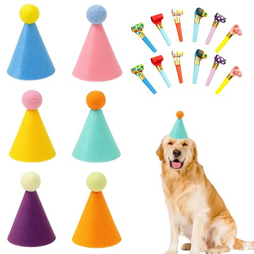WangVipfei 18 Mini Partyhüte Set, Partyhüte Für Kuscheltiere Und Kinder, Bunte Geburtstagsmützen Für Feste Und Fotoshootings, Inklusive 6 Hüte Und 12 Blasrohre