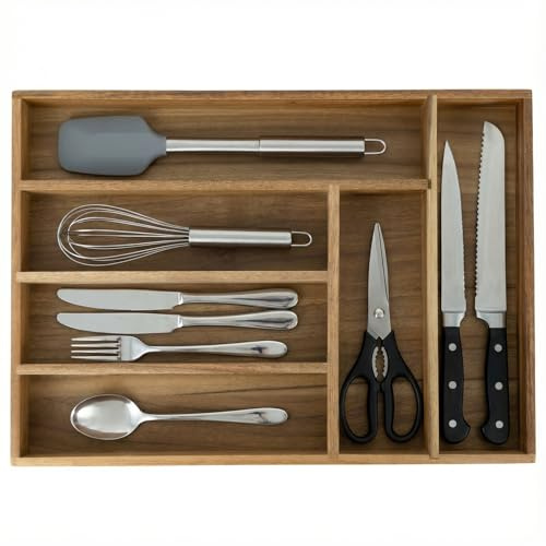 Smuxee Acacia Wood Kitchen Silverware Drawer Organizer, 6 Compartment Utensil Holder, Kitchen Drawer Divider for Silverware and Kitchenware