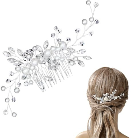XENQITO 1 Pezzi Pettinino argentato per capelli da sposa,Pettine per Capelli da Sposa Fermaglio,per Donne e Ragazze,con Fiori di Perle Cristallo Accessori,Capelli Sposa Pettine,Accessori Capelli Sposa